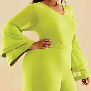 NEW Ashley Stewart Lime Green Funky Bell Sleeve Romper Shorts Plus Size 14/16